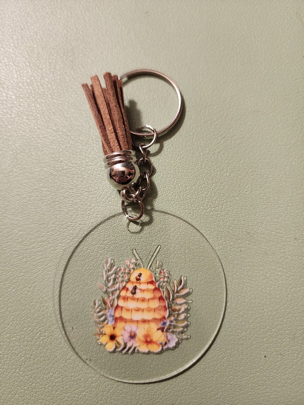 Acrylic Bee Skep Keychain with Yellow Floral Design